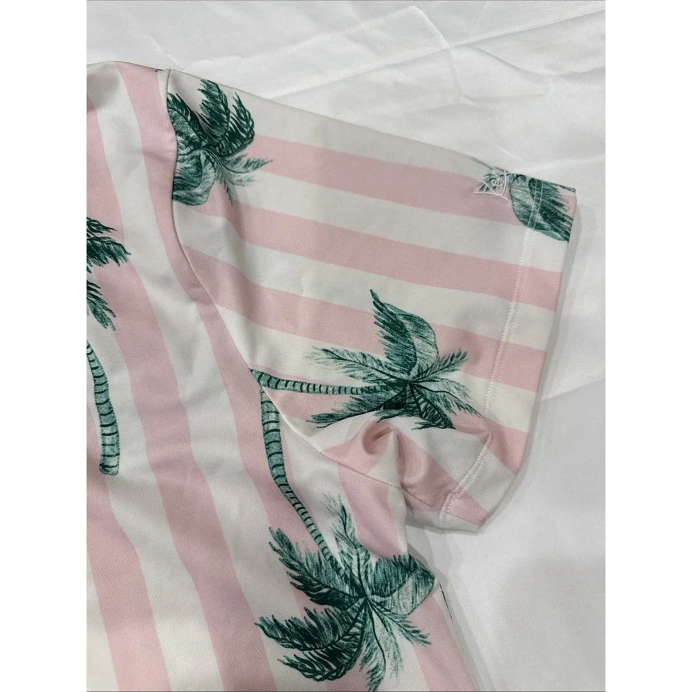 Kenny Flowers Polo Shirt Mens Sz M Pink White Palm Tree Stripe Stretch Portugal